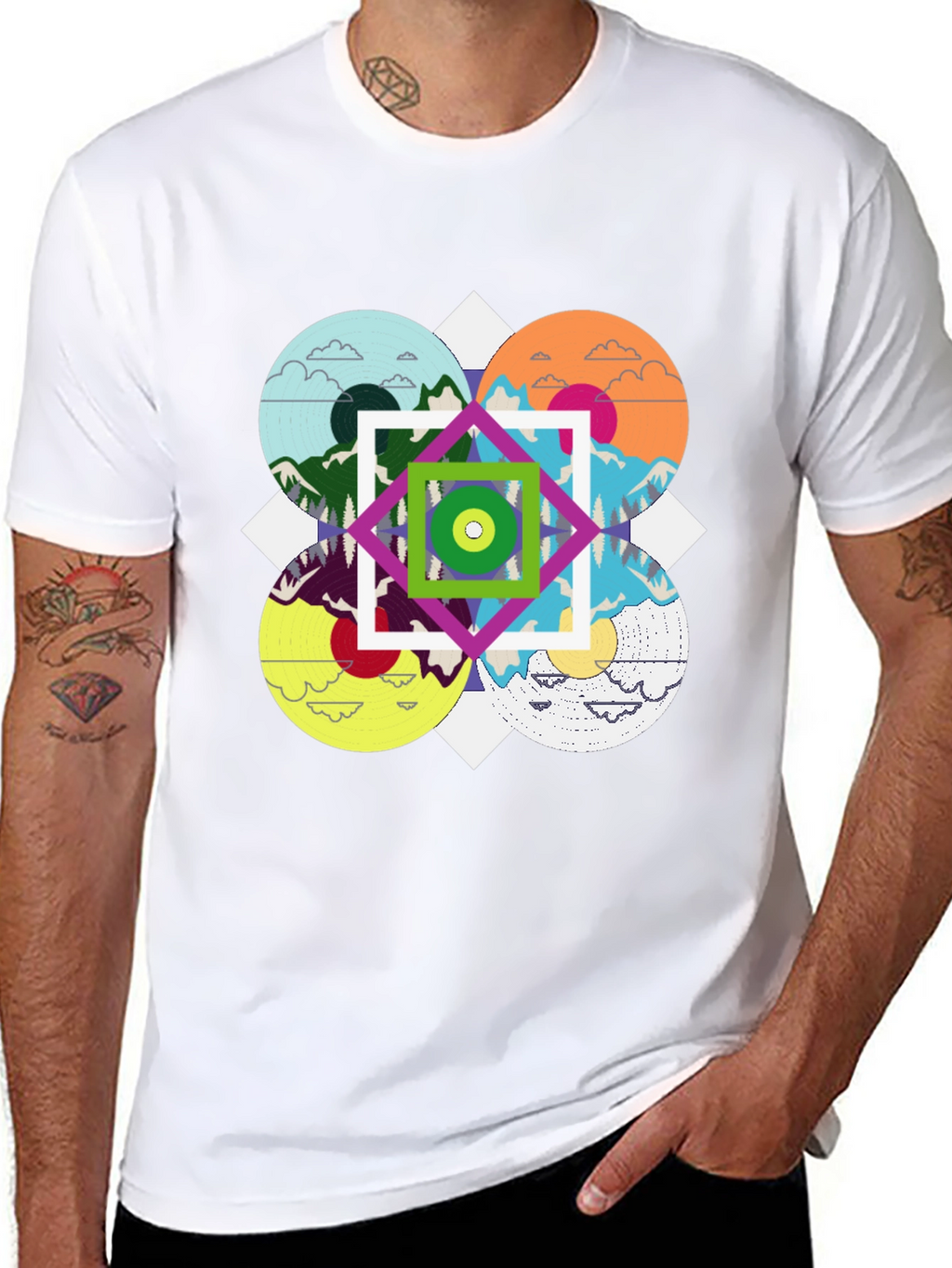 Geometric Mountain Landscape Graphic Tee - Black