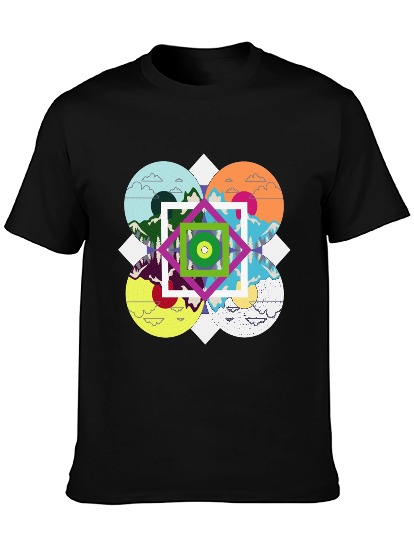 Geometric Mountain Landscape Graphic Tee - Black
