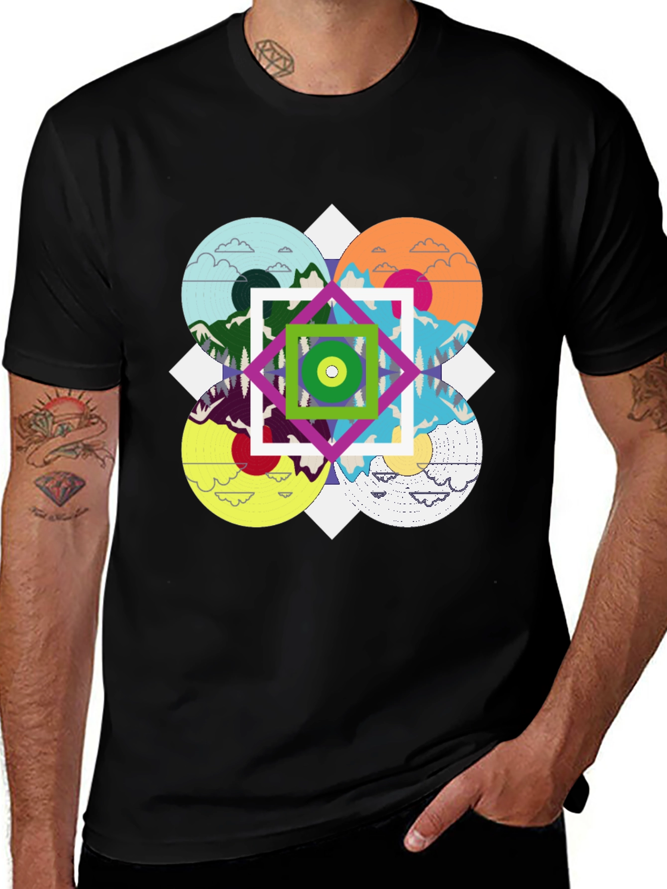 Geometric Mountain Landscape Graphic Tee - Black