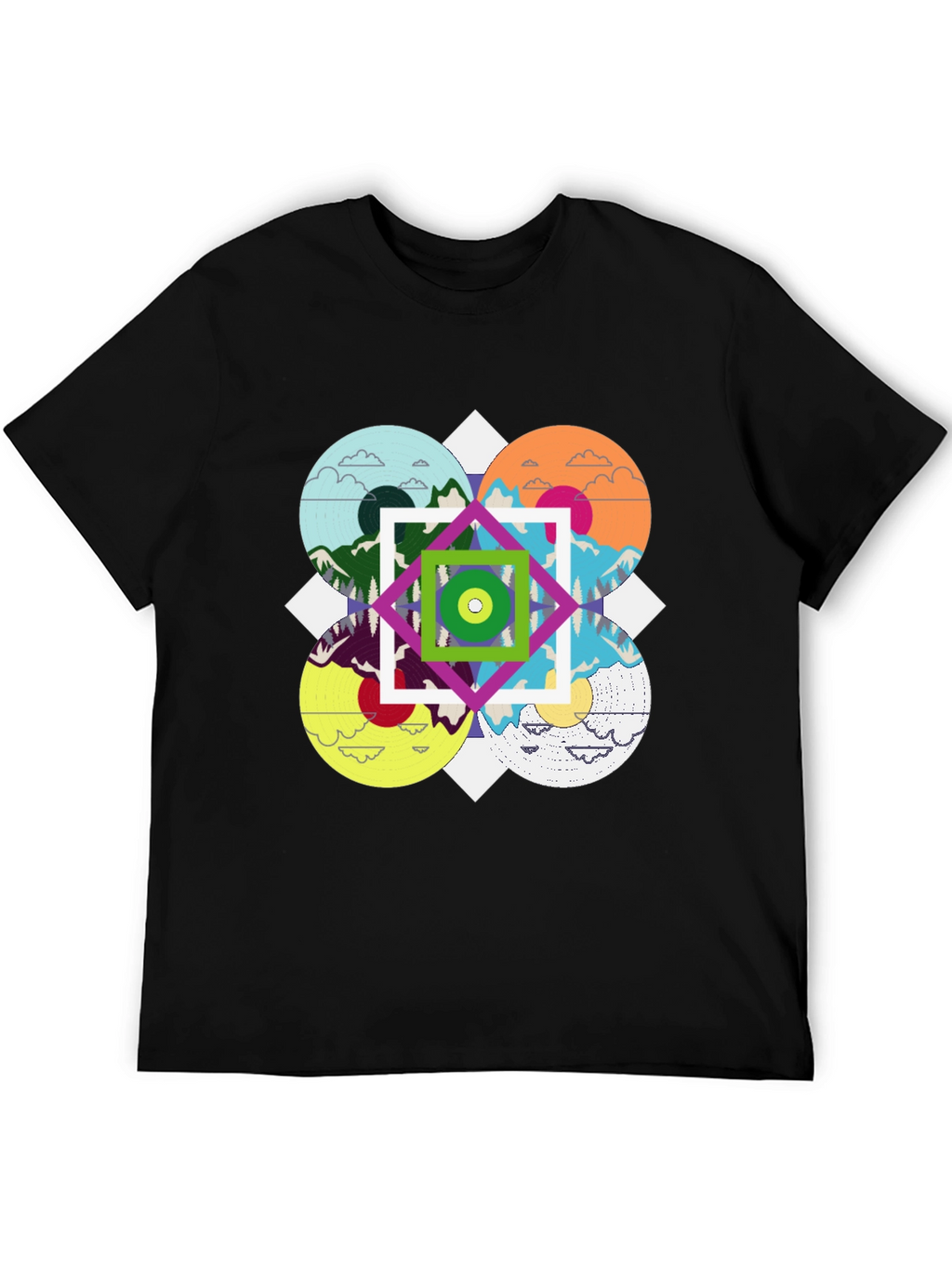 Geometric Mountain Landscape Graphic Tee - Black