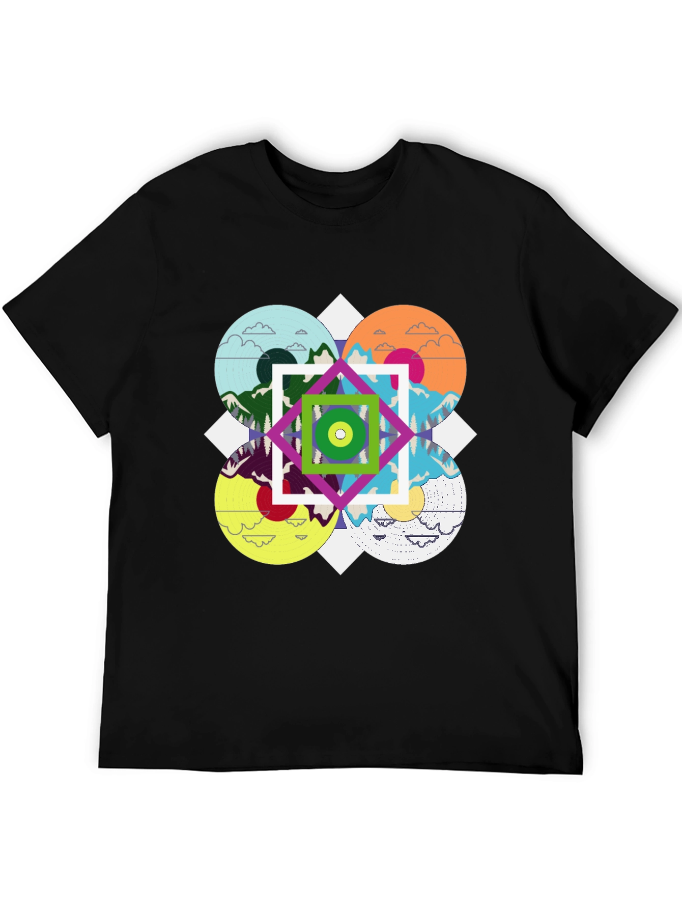 Geometric Mountain Landscape Graphic Tee - Black