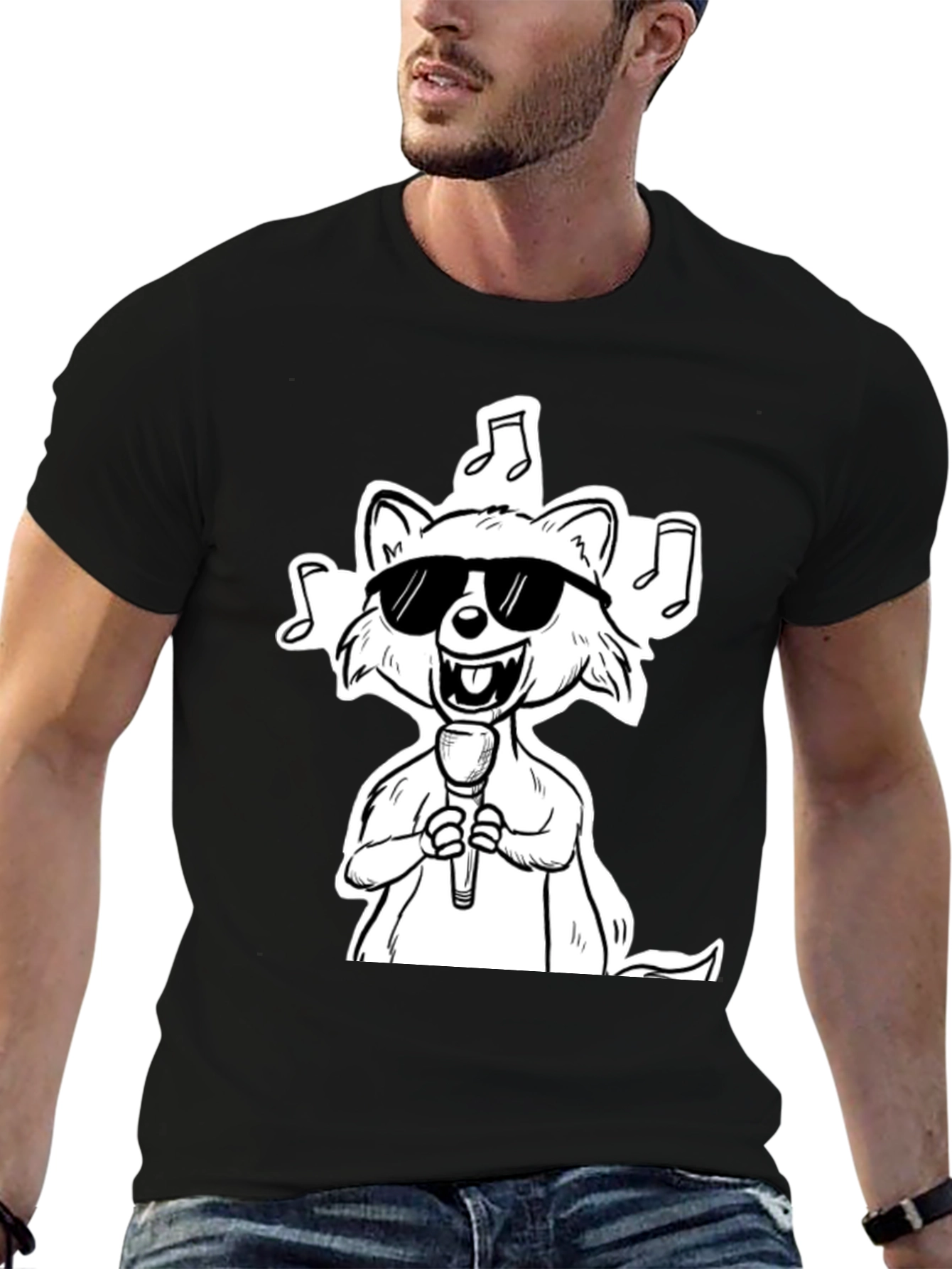 Cool Cartoon Raccoon Singer Graphic T-Shirt