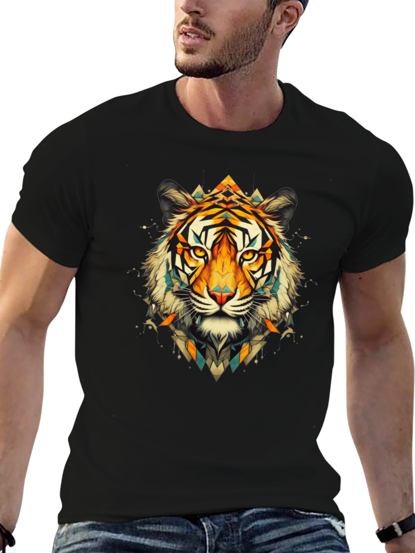 Geometric Tiger Graphic Black T-Shirt