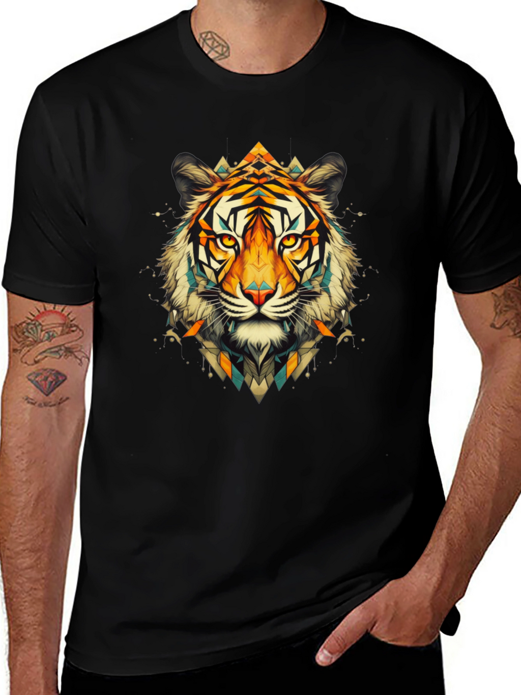 Geometric Tiger Graphic Black T-Shirt