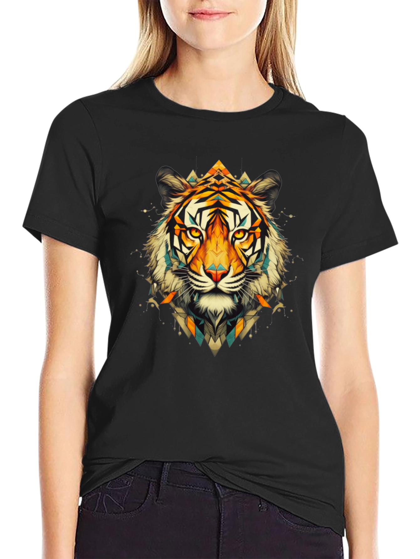 Geometric Tiger Graphic Black T-Shirt