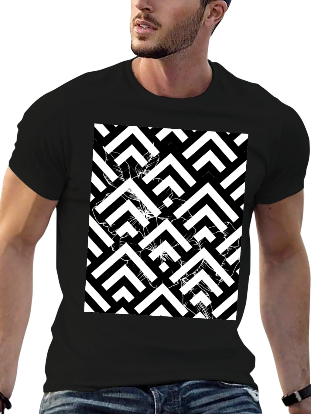 Abstract Geometric Black T-Shirt for Men