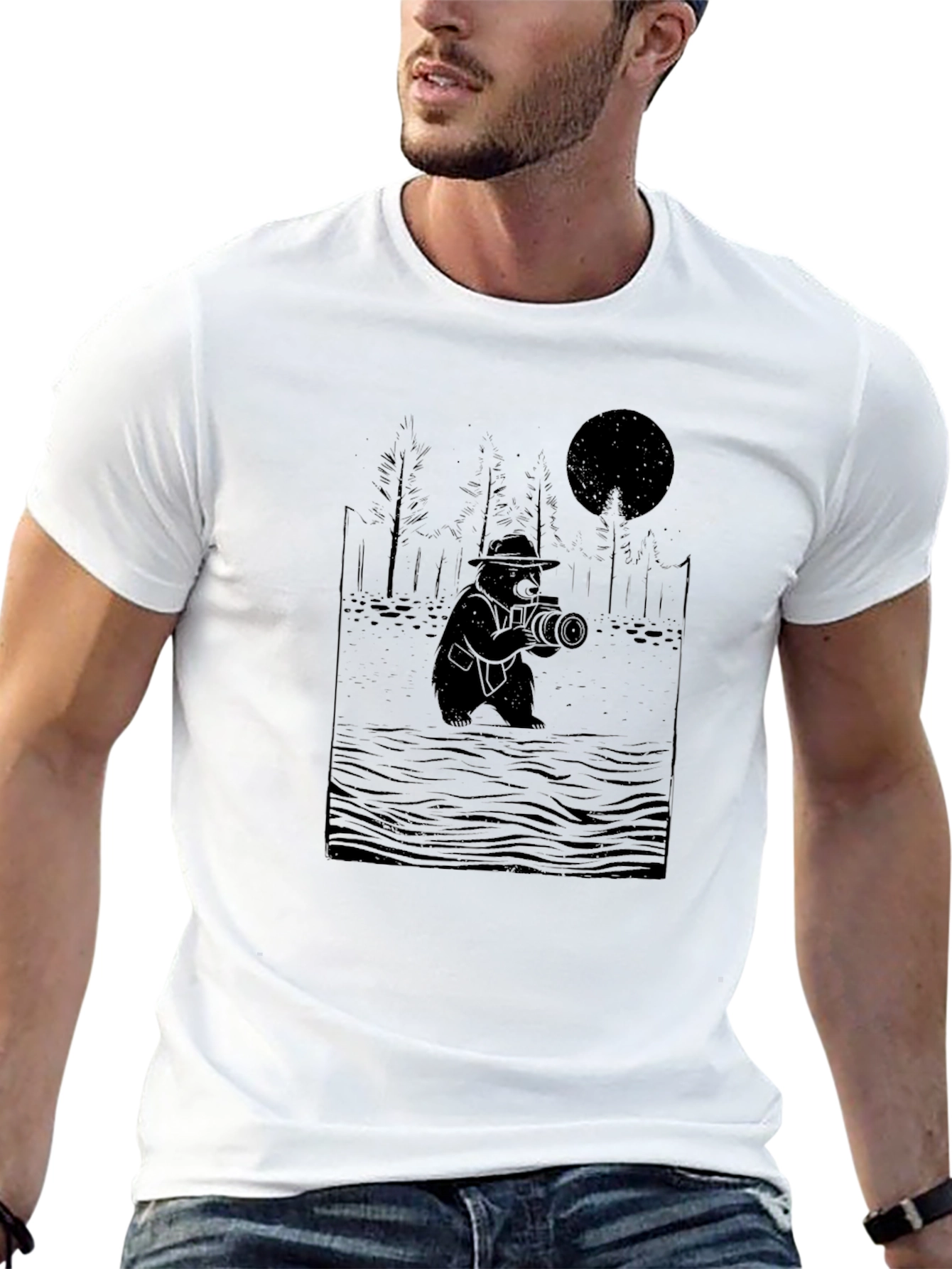 Bear Photographer Graphic Tee - Black Cotton T-Shirt