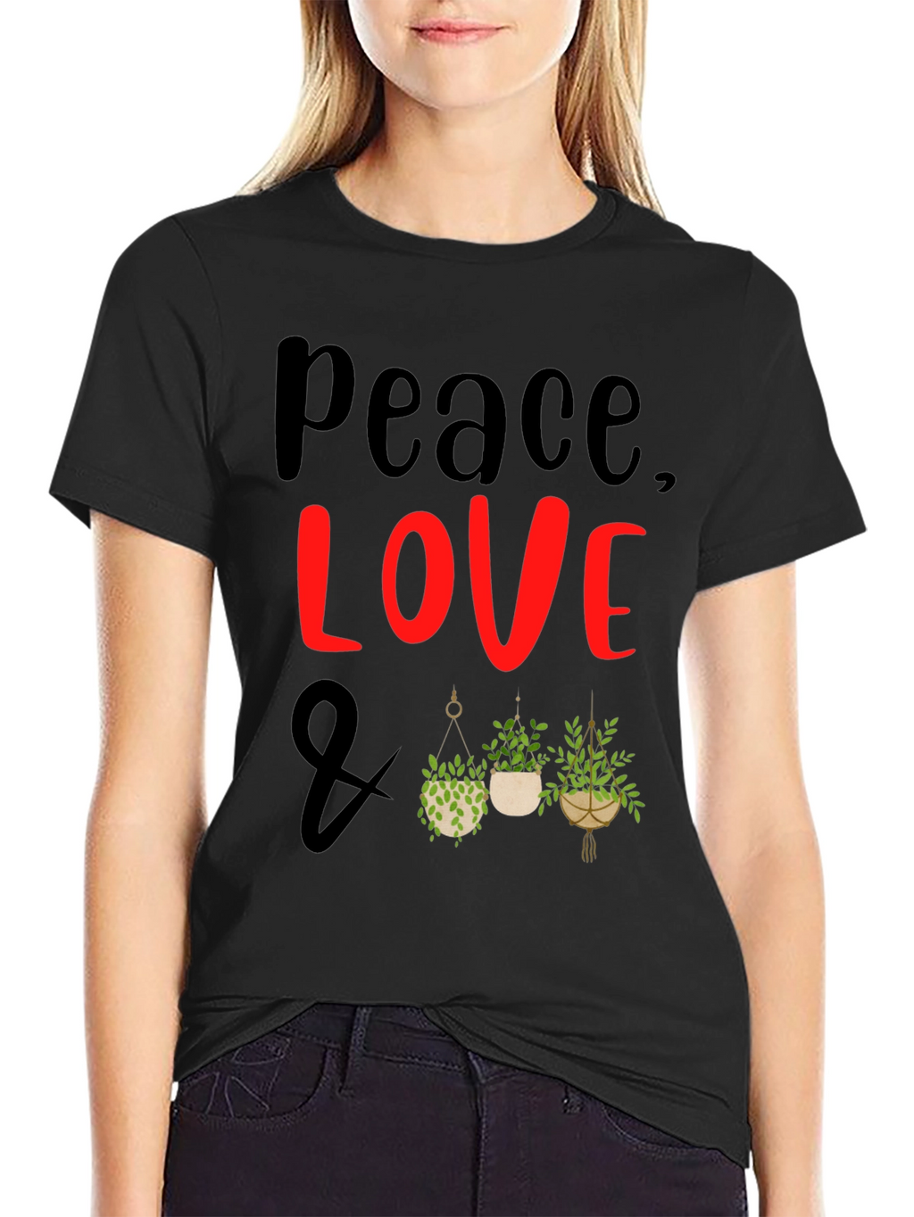 Peace Love Plants Graphic Tee - Black Casual T-Shirt
