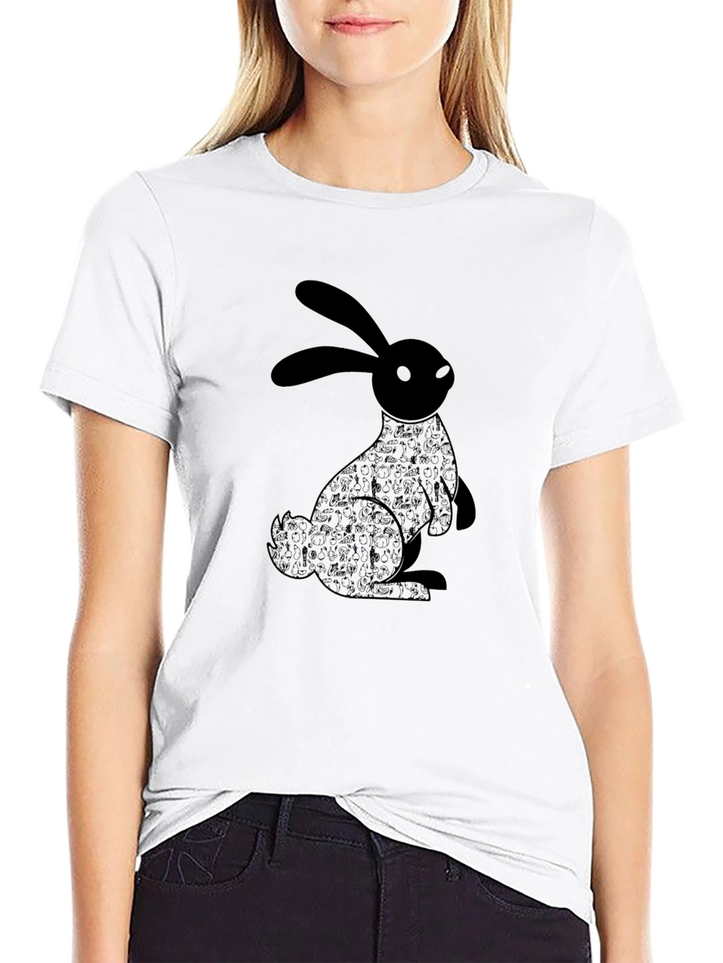 Rabbit Graphic Print T-Shirt - Casual Black Tee