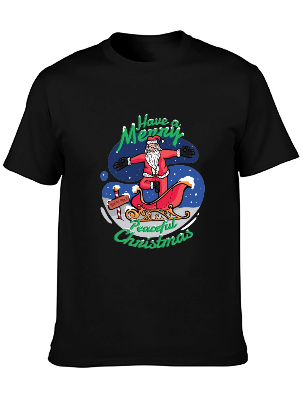 Peaceful Christmas Santa Yoga Black T-Shirt