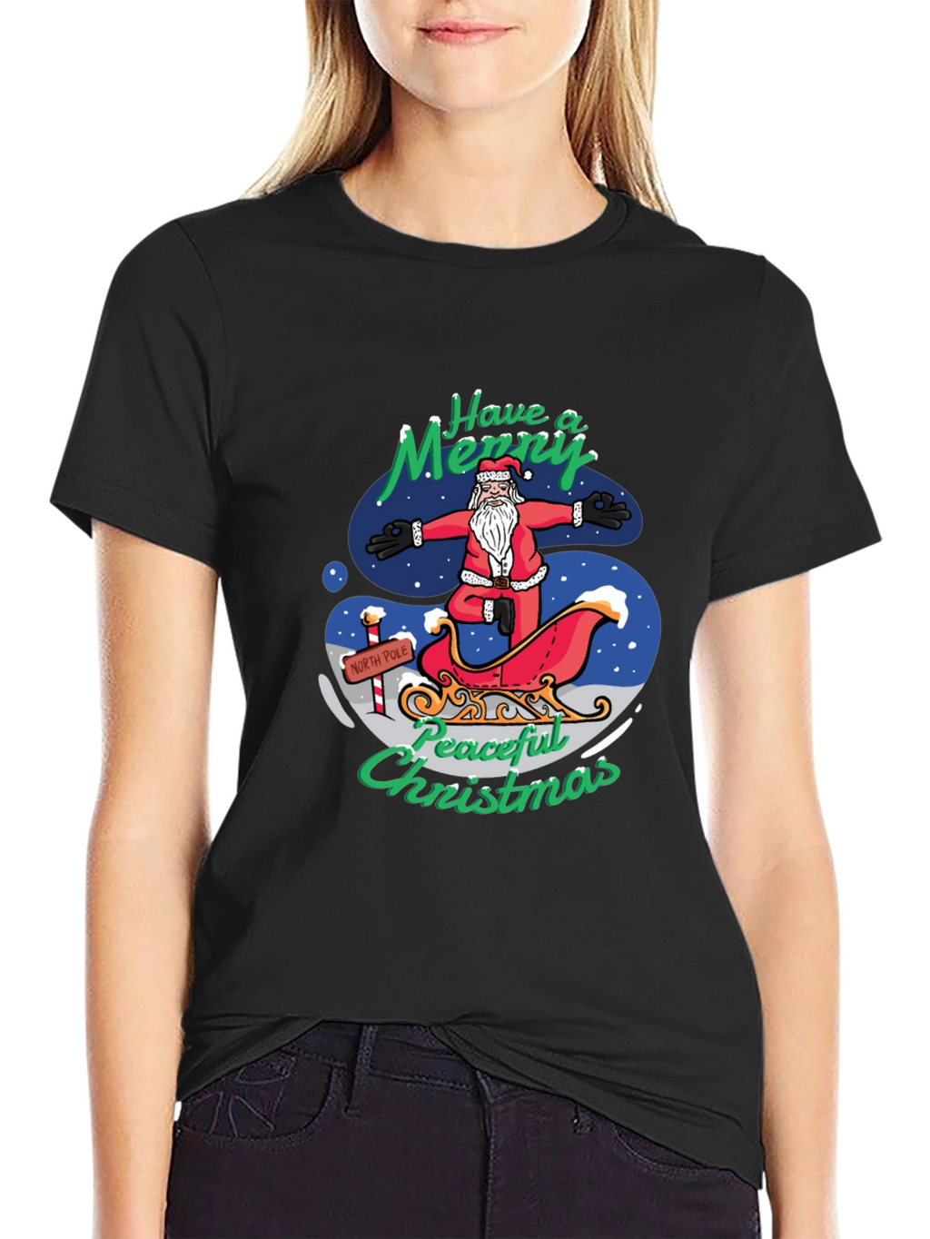 Peaceful Christmas Santa Yoga Black T-Shirt