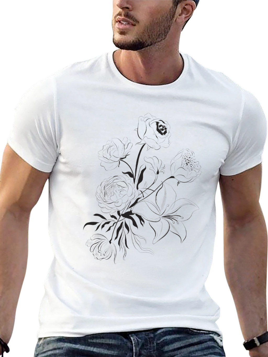 Black Graphic Tee - Floral Print Casual Shirt