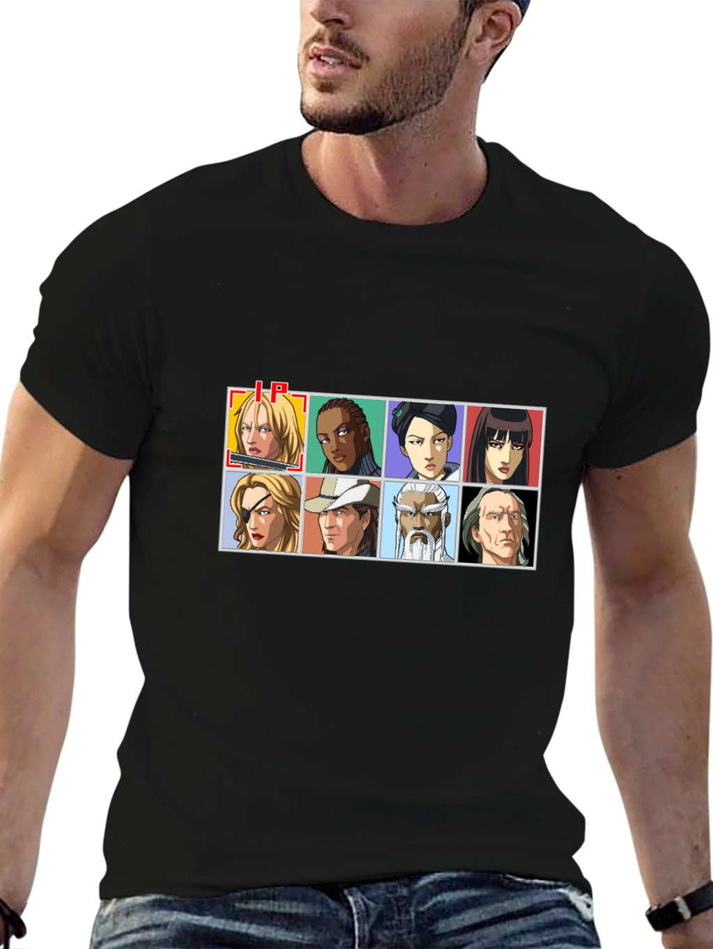 Anime Character Grid Black T-Shirt