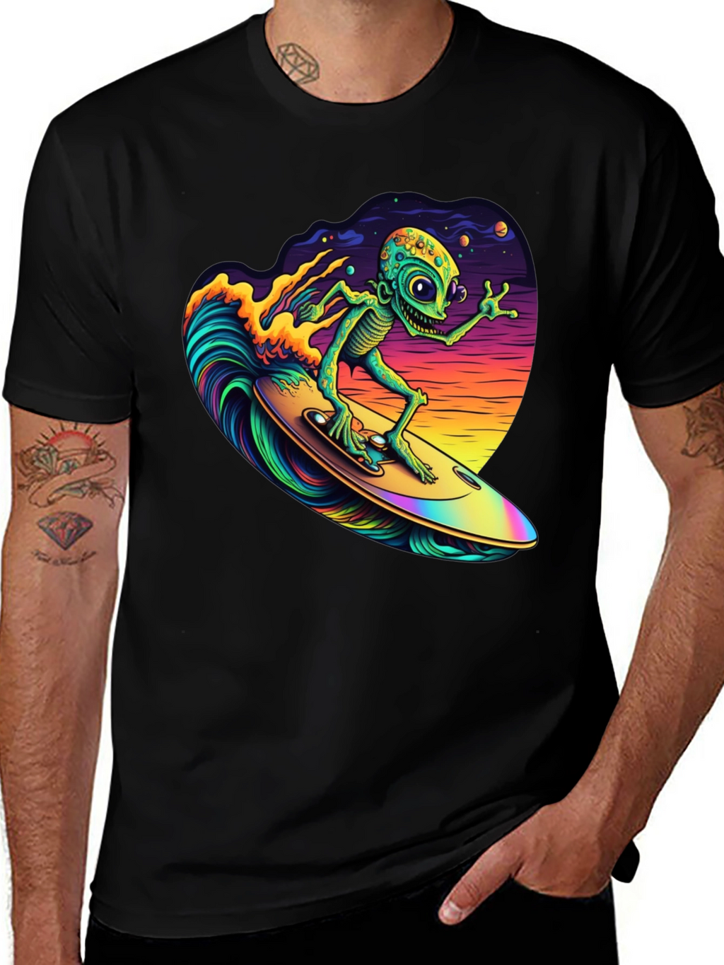 Surfing Alien T-Shirt - Black Cotton Tee