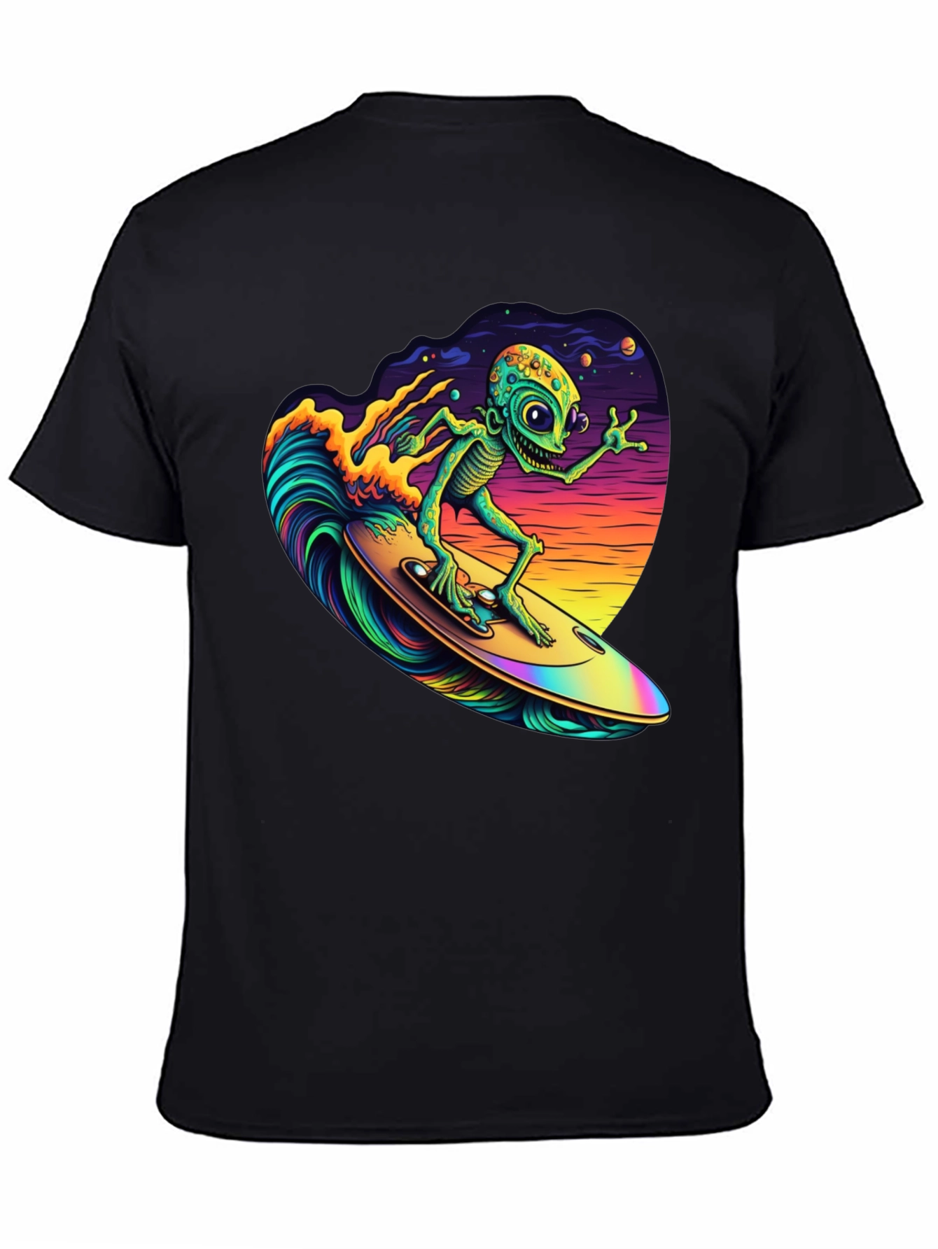 Surfing Alien T-Shirt - Black Cotton Tee