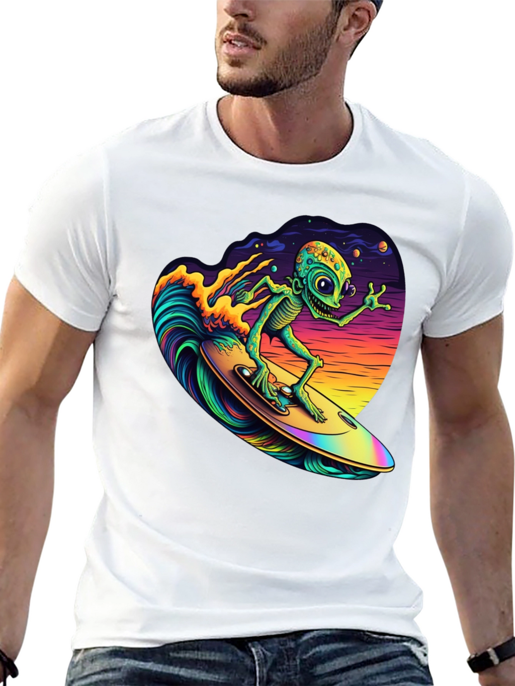 Surfing Alien T-Shirt - Black Cotton Tee