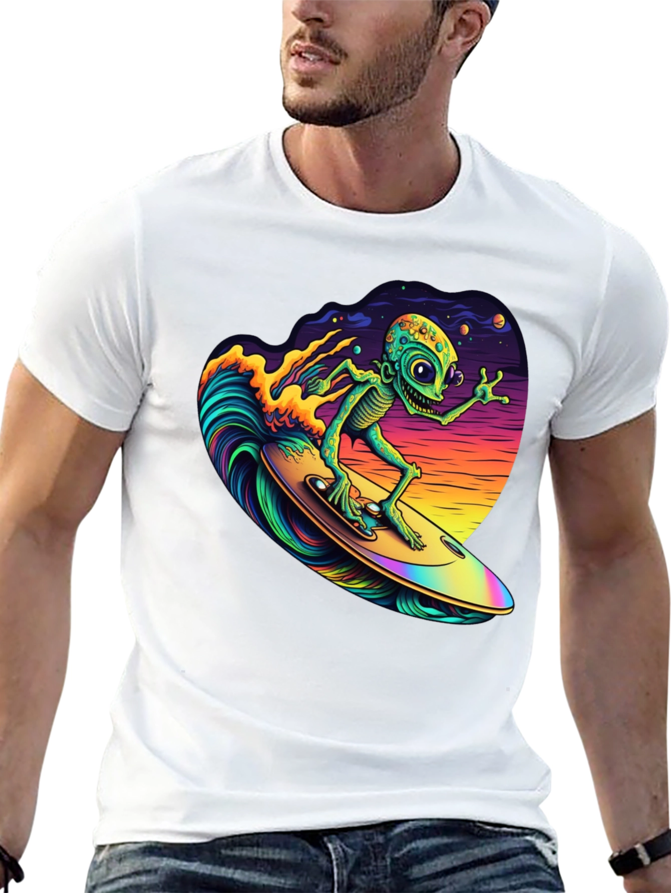 Surfing Alien T-Shirt - Black Cotton Tee