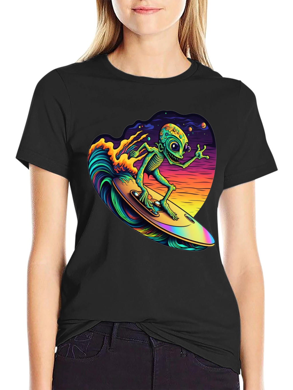 Surfing Alien T-Shirt - Black Cotton Tee