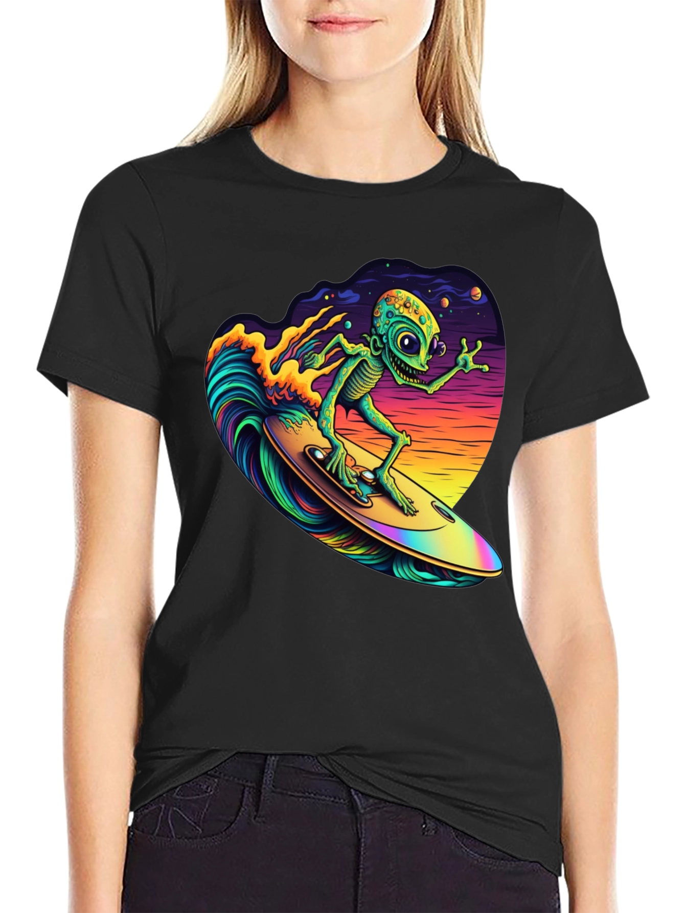 Surfing Alien T-Shirt - Black Cotton Tee