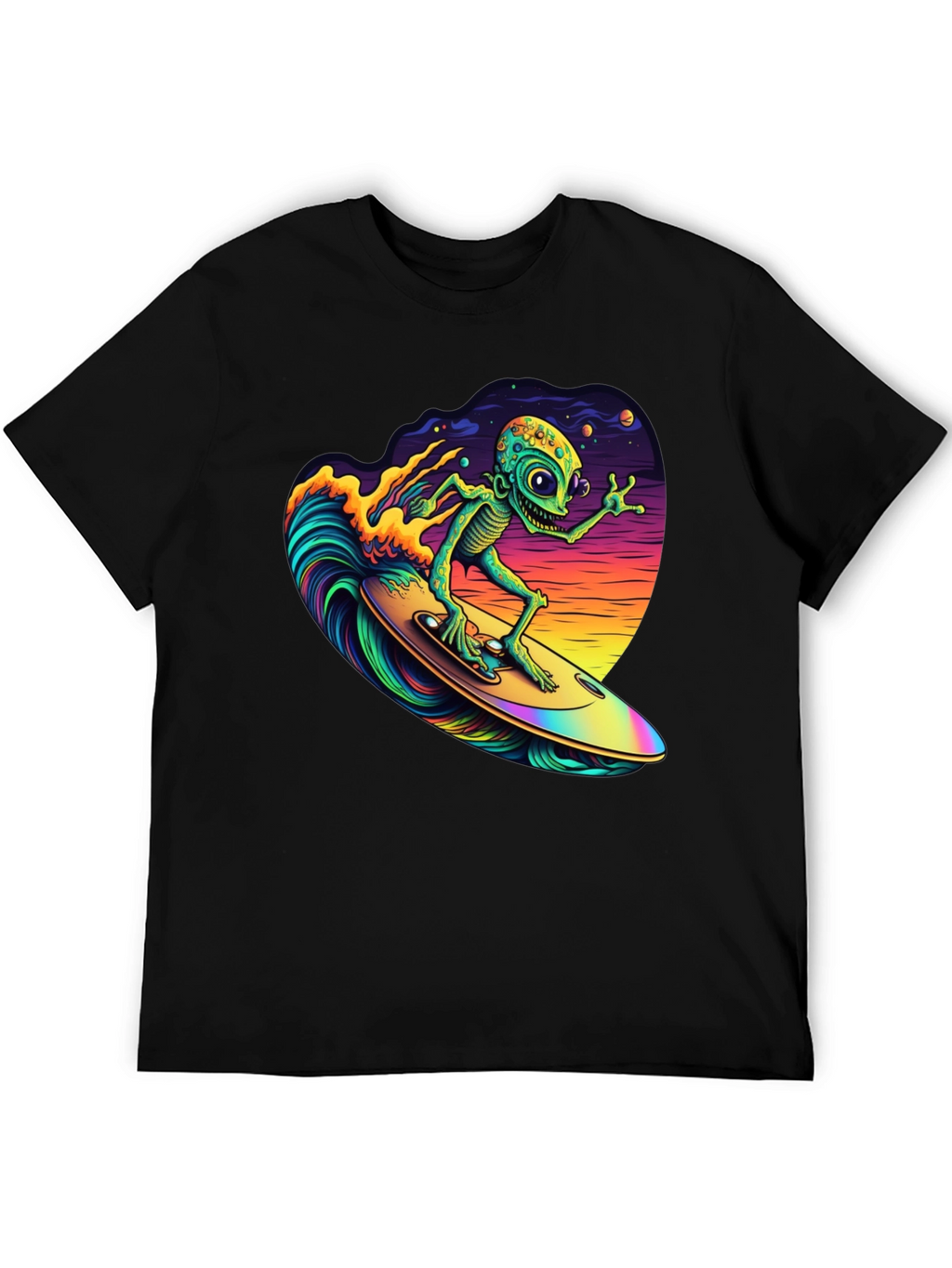 Surfing Alien T-Shirt - Black Cotton Tee