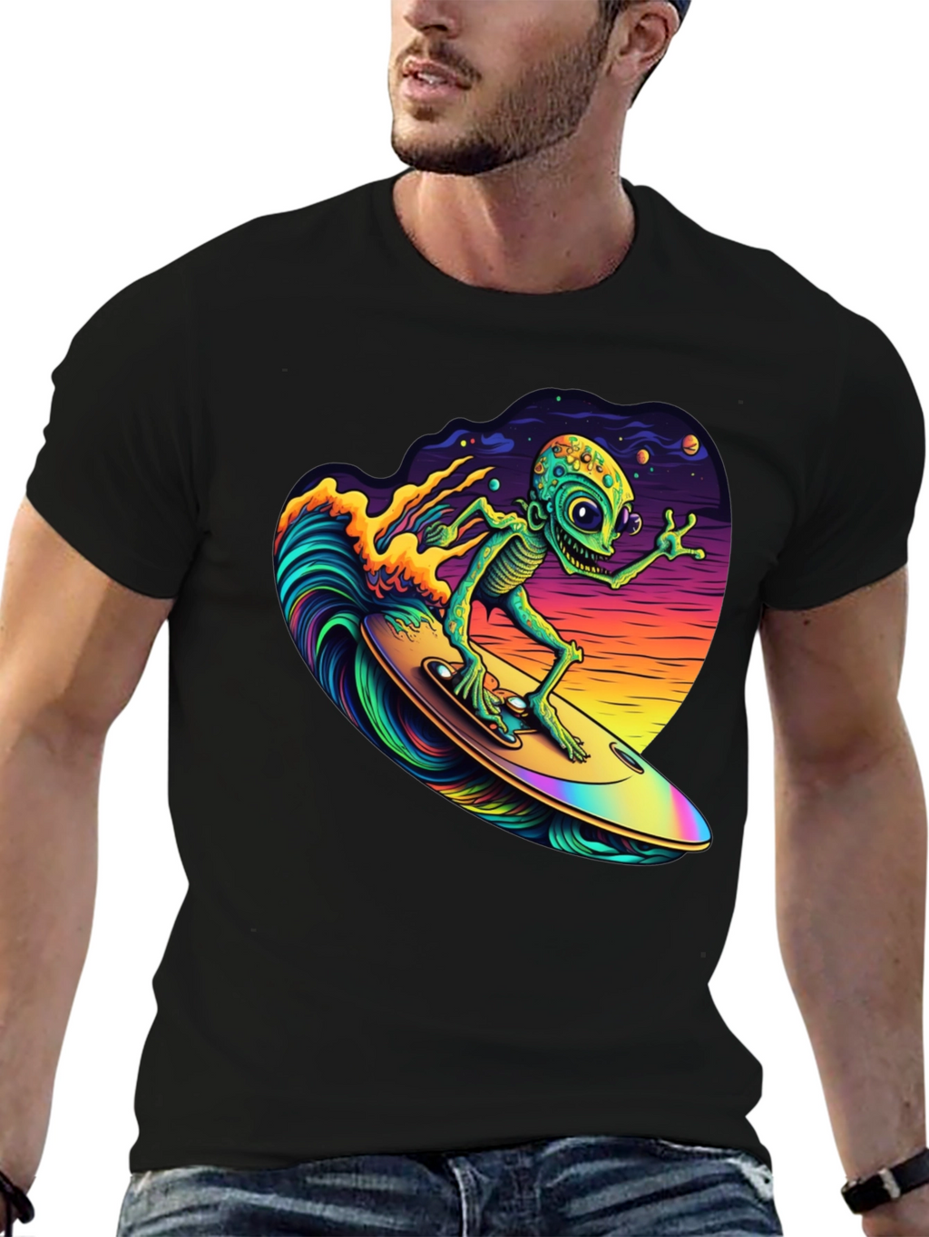 Surfing Alien T-Shirt - Black Cotton Tee
