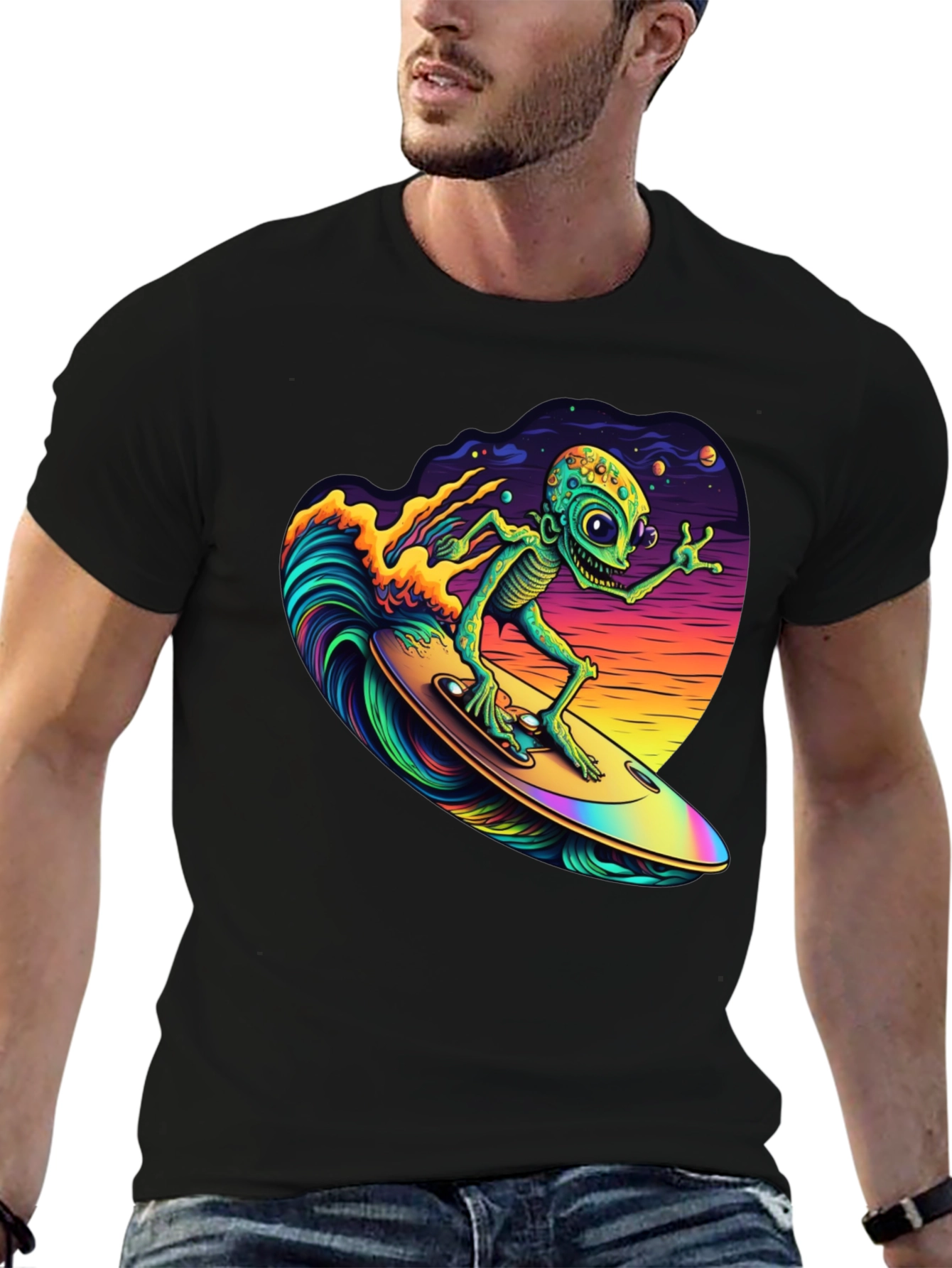 Surfing Alien T-Shirt - Black Cotton Tee