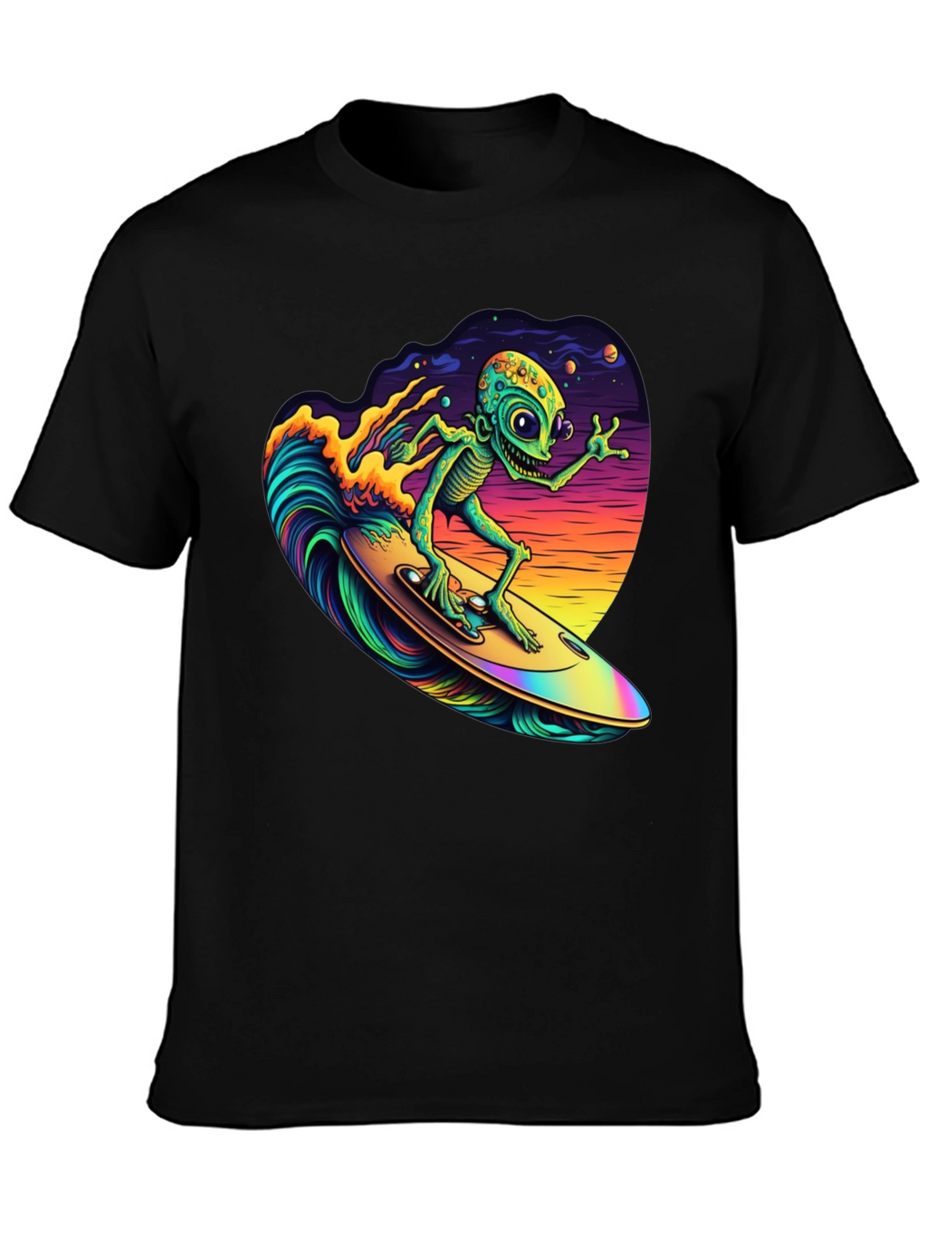 Surfing Alien T-Shirt - Black Cotton Tee