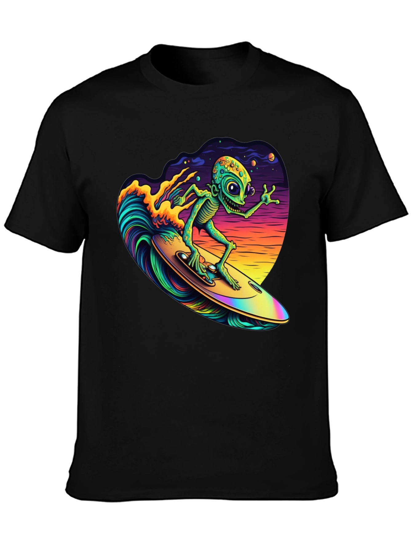 Surfing Alien T-Shirt - Black Cotton Tee