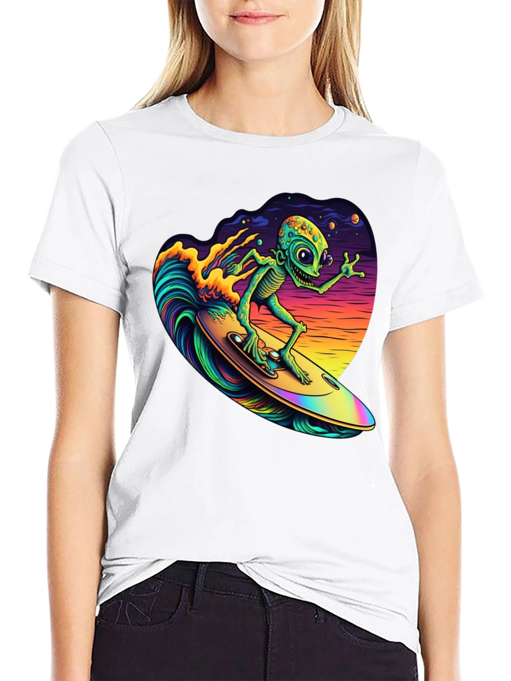 Surfing Alien T-Shirt - Black Cotton Tee