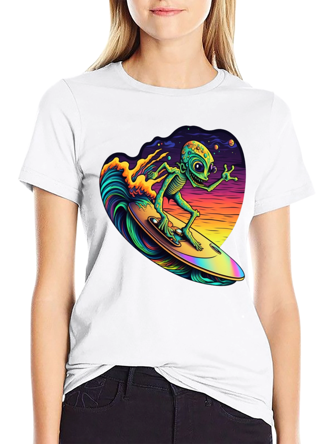 Surfing Alien T-Shirt - Black Cotton Tee