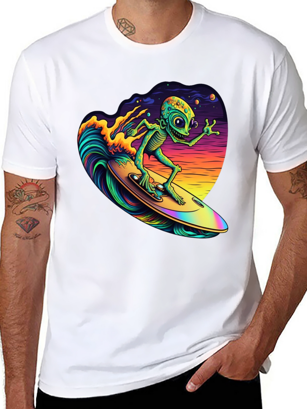 Surfing Alien T-Shirt - Black Cotton Tee
