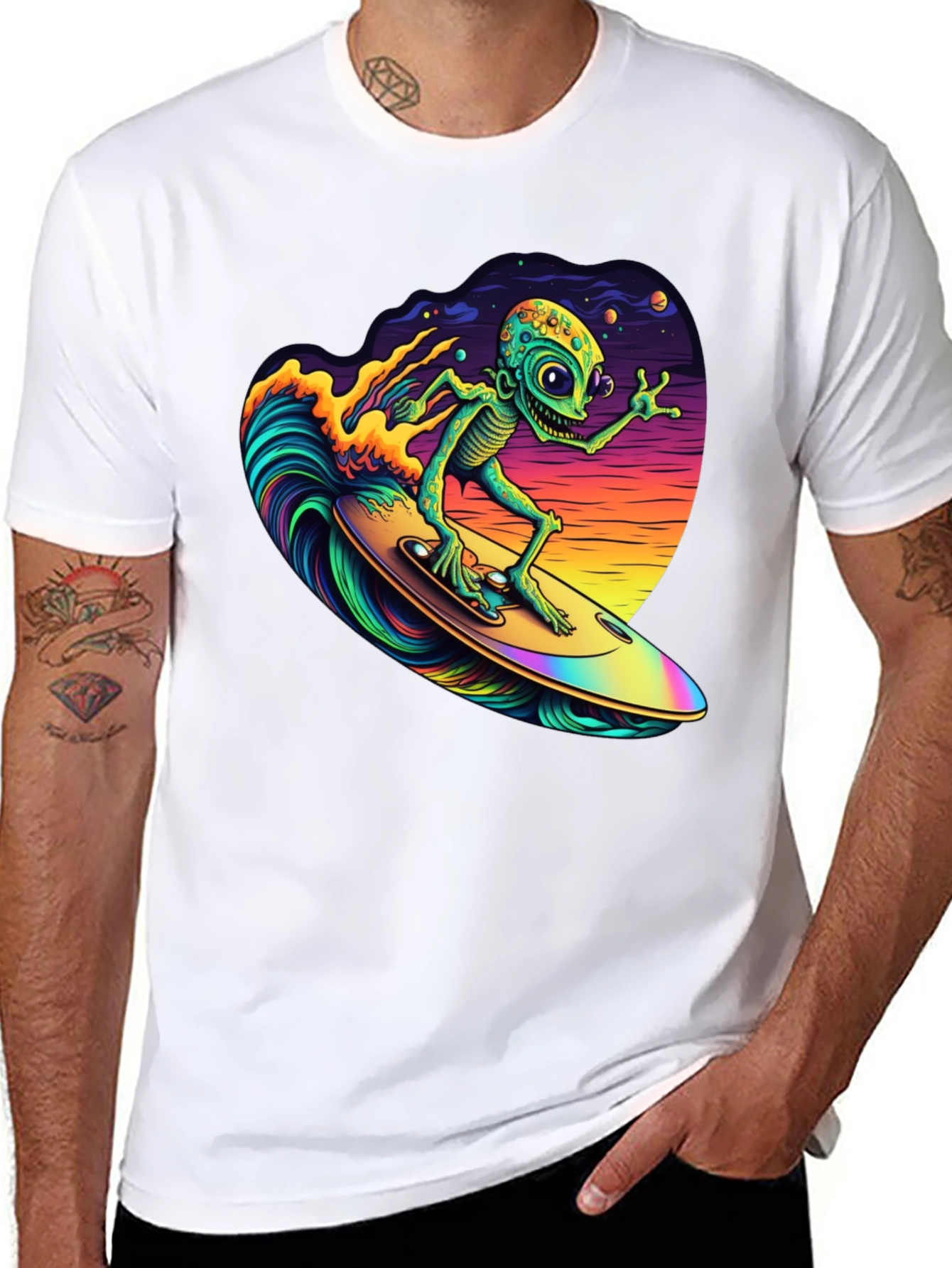 Surfing Alien T-Shirt - Black Cotton Tee