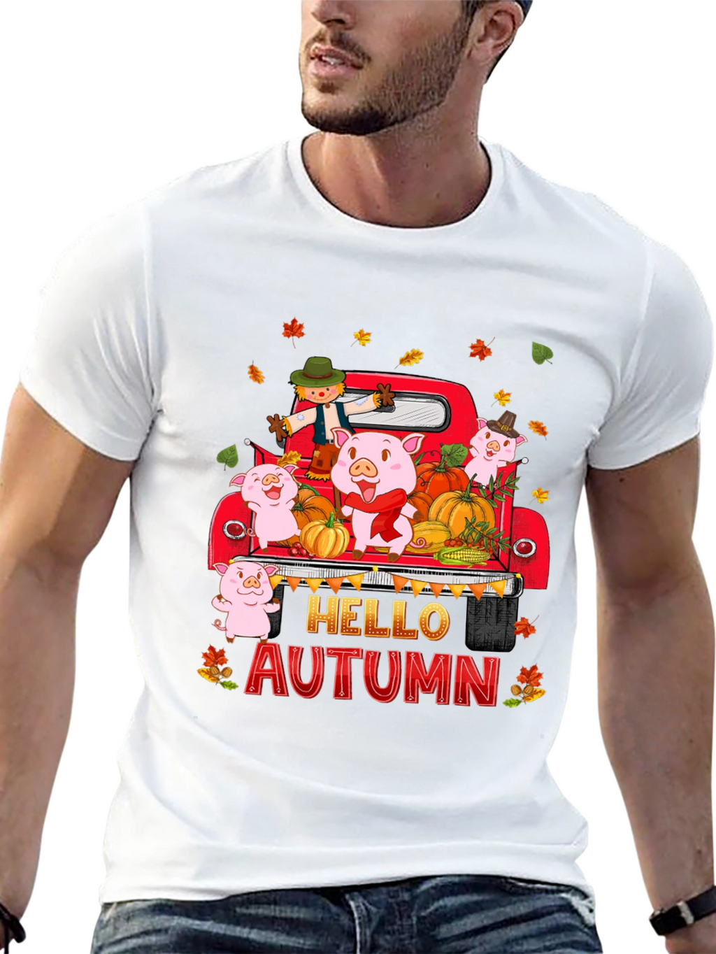 Hello Autumn Pig Truck Graphic T-Shirt