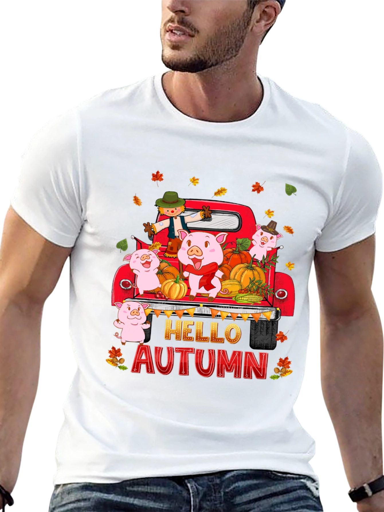 Hello Autumn Pig Truck Graphic T-Shirt