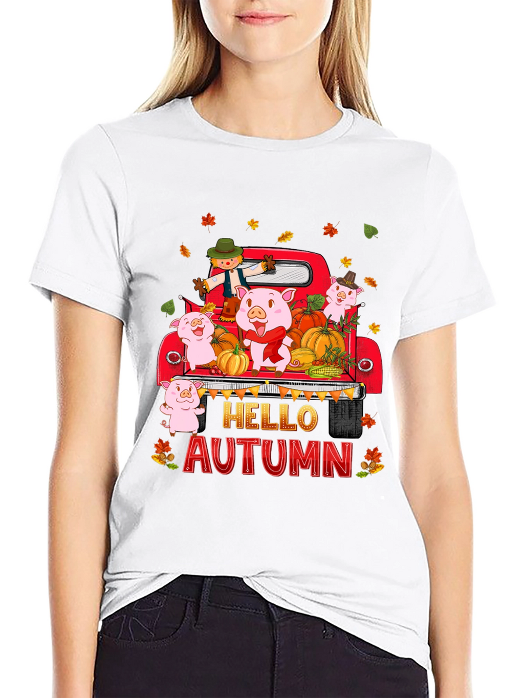 Hello Autumn Pig Truck Graphic T-Shirt