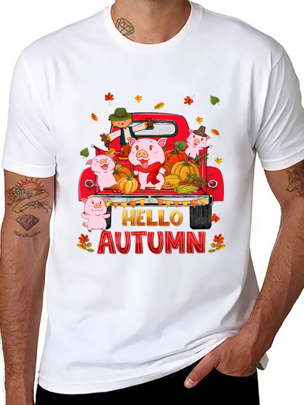 Hello Autumn Pig Truck Graphic T-Shirt