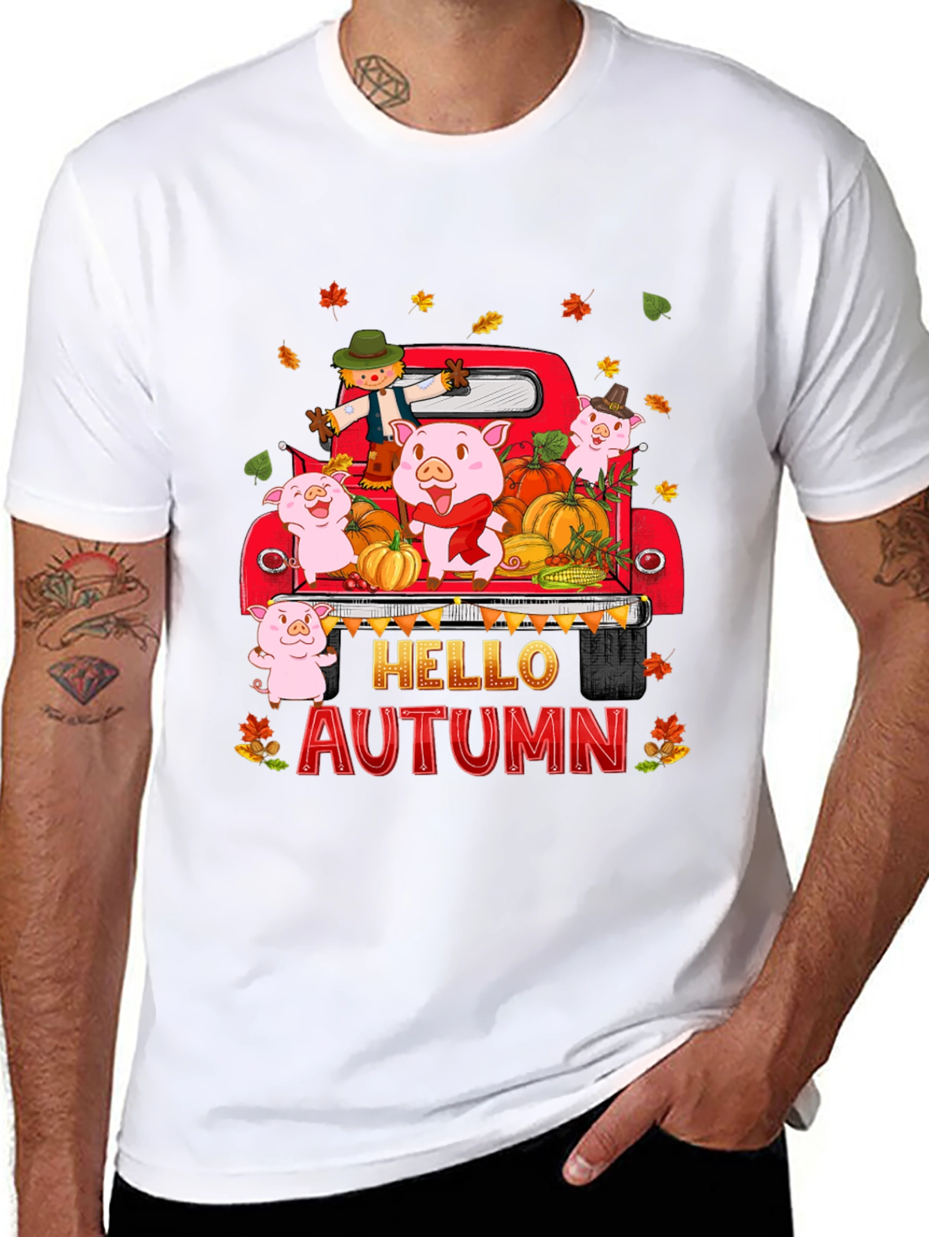 Hello Autumn Pig Truck Graphic T-Shirt