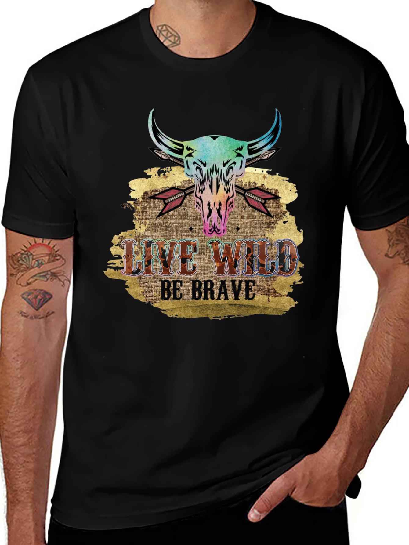 Live Wild Be Brave Bull Skull Graphic Tee
