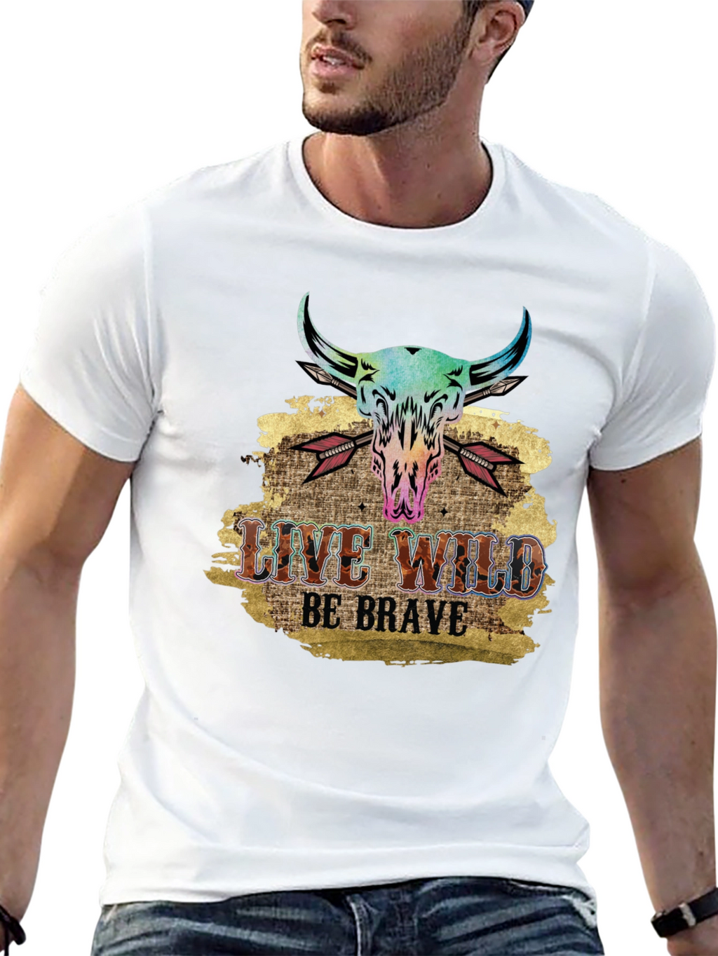 Live Wild Be Brave Bull Skull Graphic Tee
