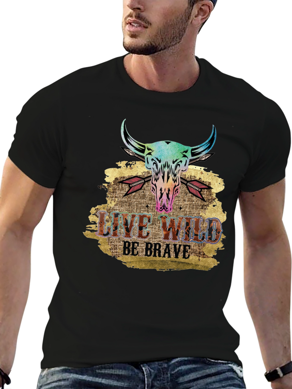 Live Wild Be Brave Bull Skull Graphic Tee