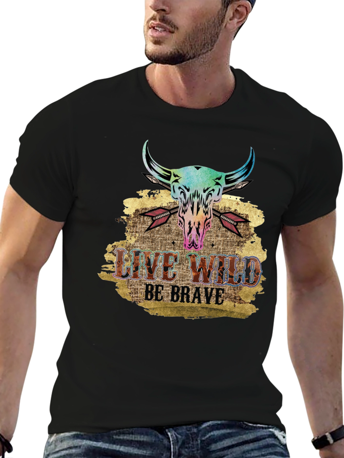 Live Wild Be Brave Bull Skull Graphic Tee