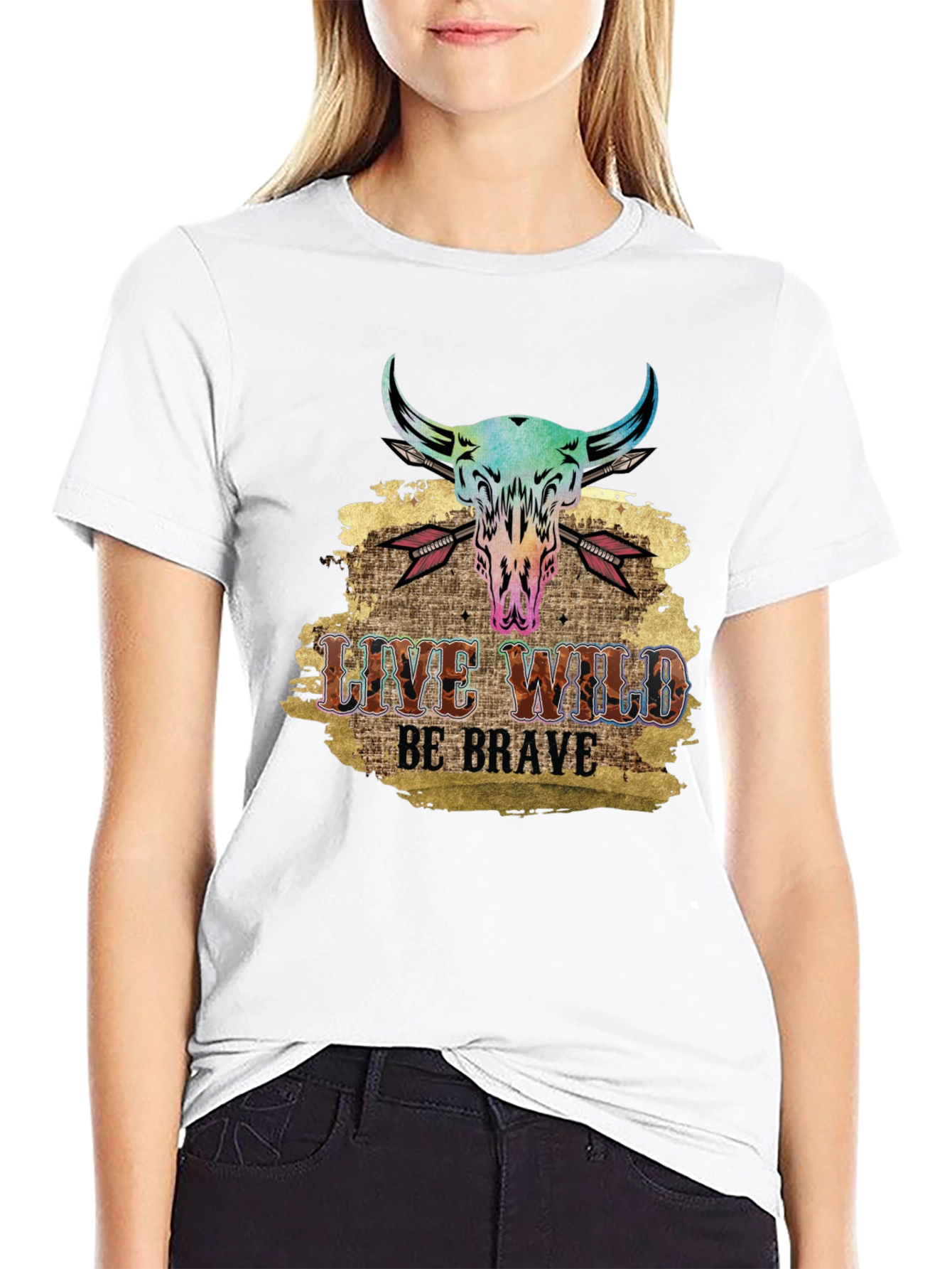Live Wild Be Brave Bull Skull Graphic Tee