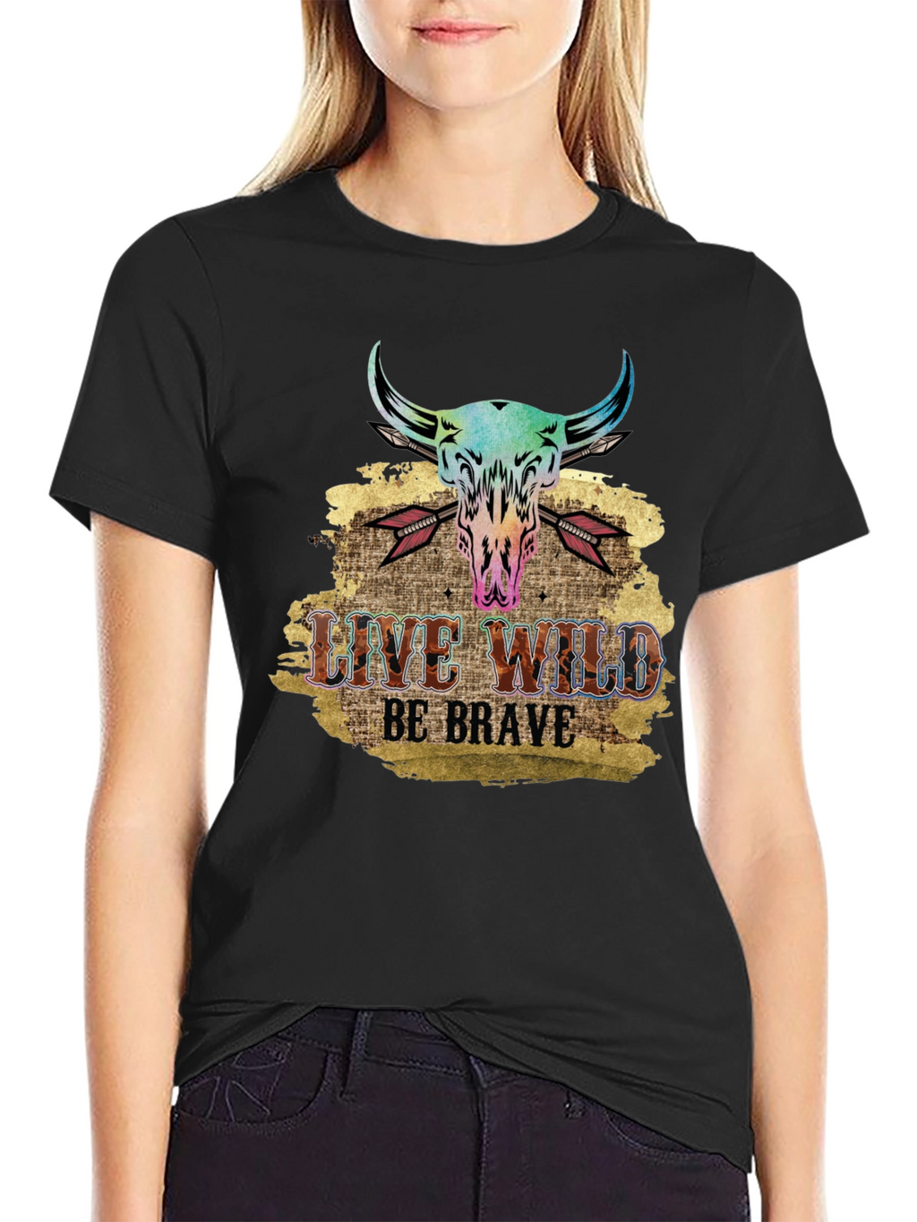 Live Wild Be Brave Bull Skull Graphic Tee