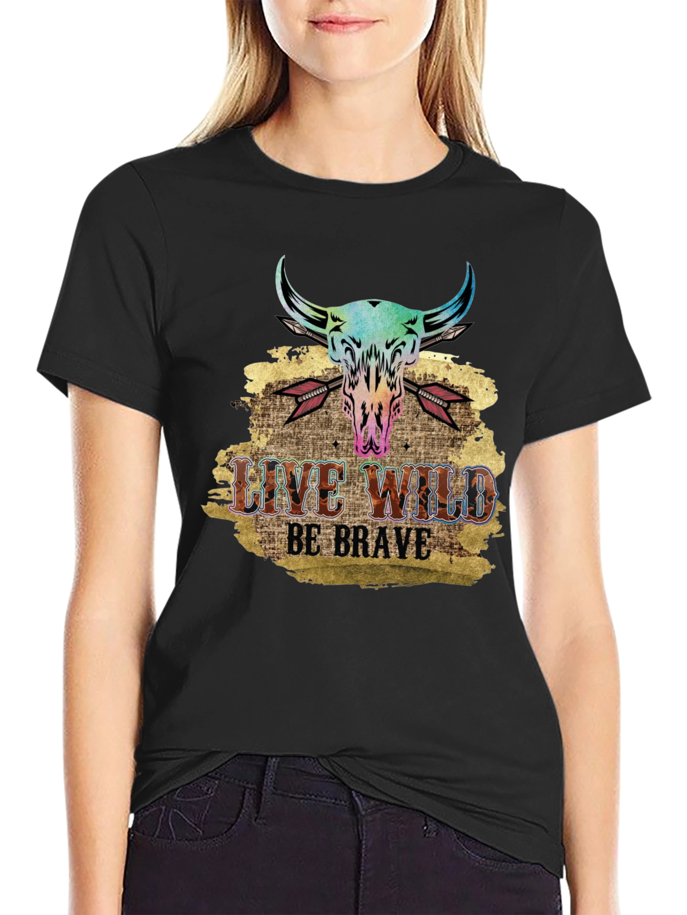 Live Wild Be Brave Bull Skull Graphic Tee