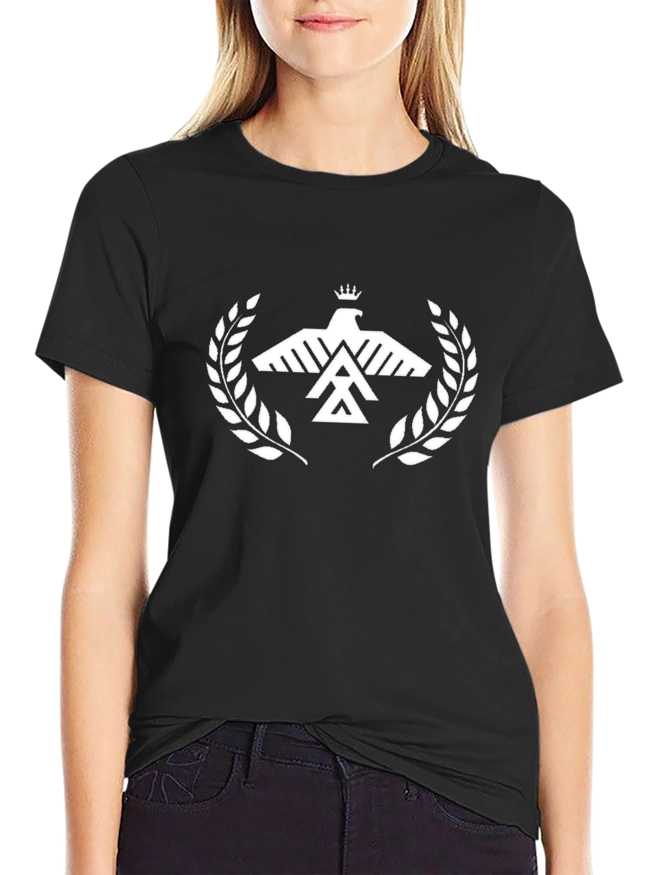 Black T-Shirt with White Eagle Crown Design