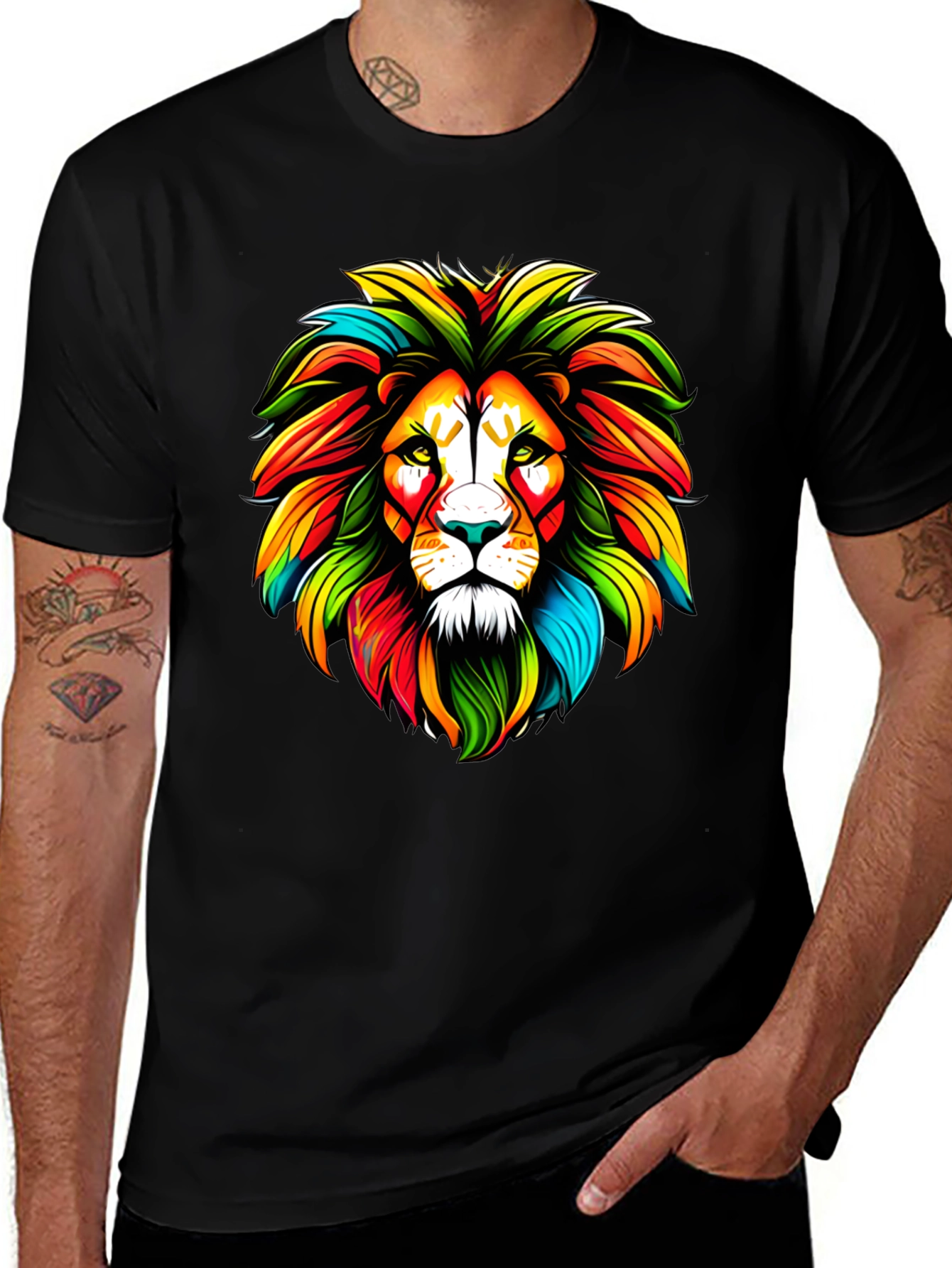 Colorful Lion Graphic Black T-Shirt