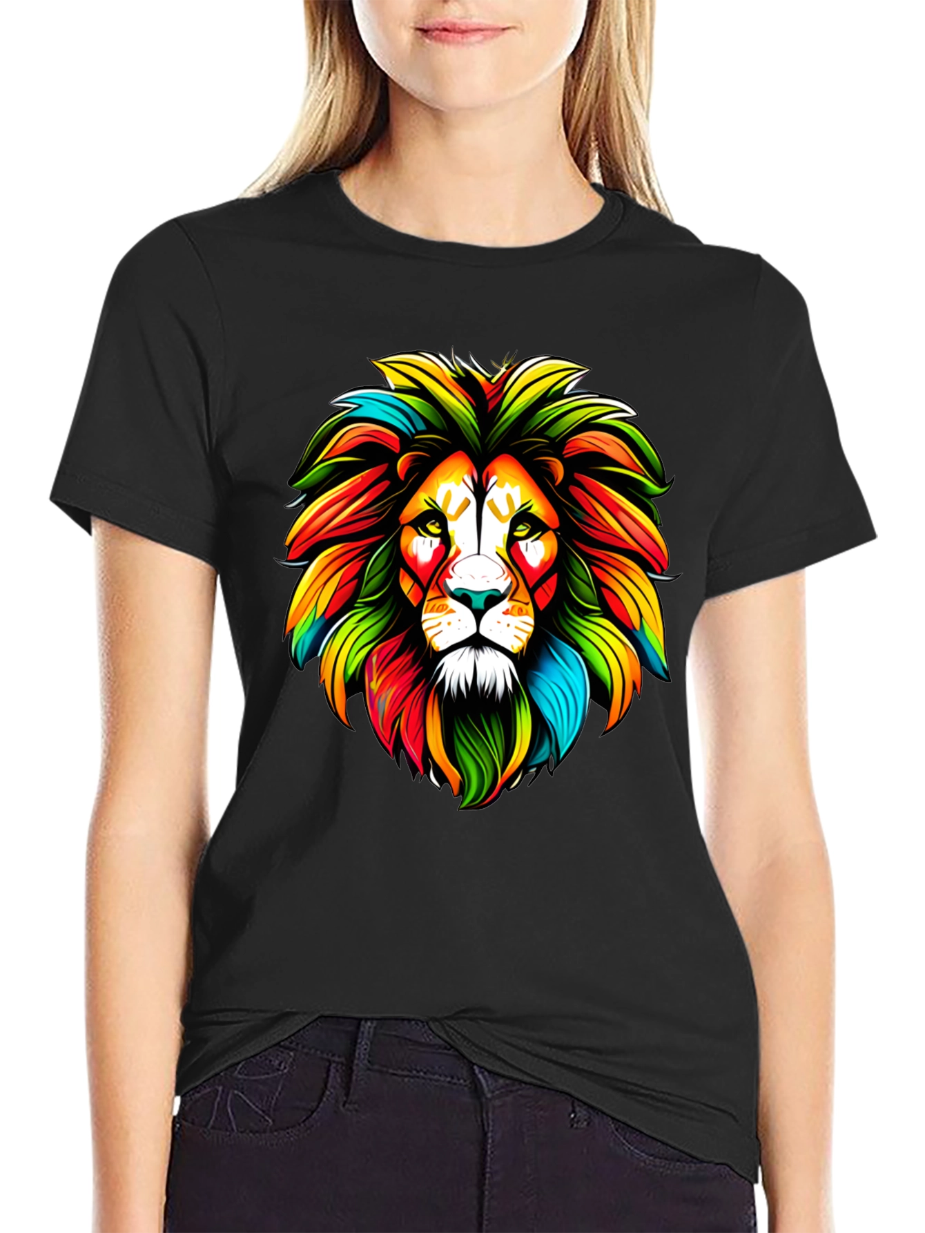 Colorful Lion Graphic Black T-Shirt