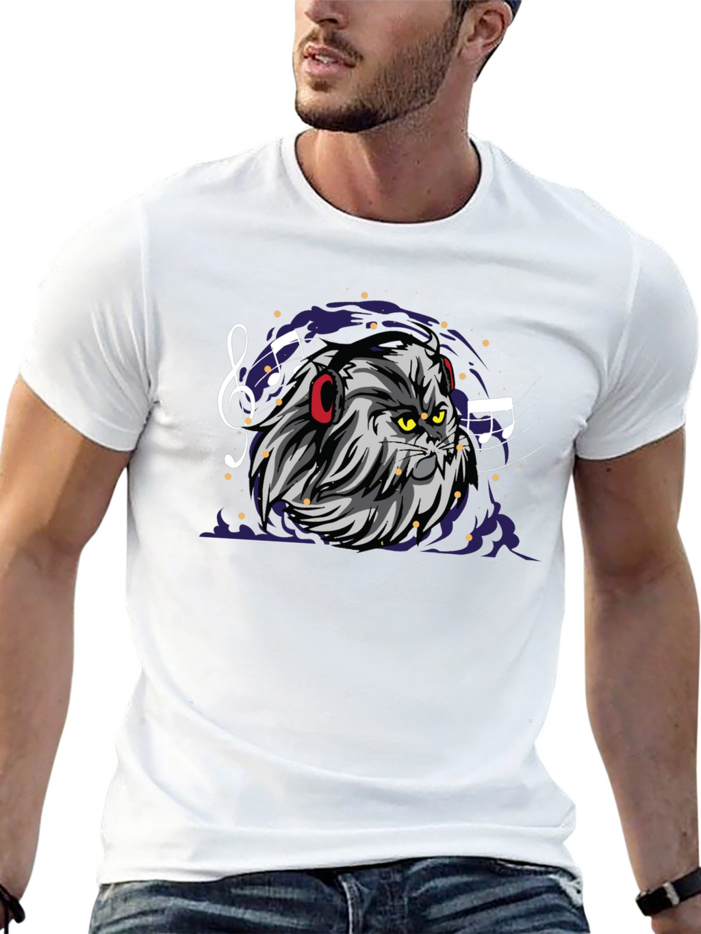 Cat DJ Graphic Tee - Mens Black Cotton T-Shirt