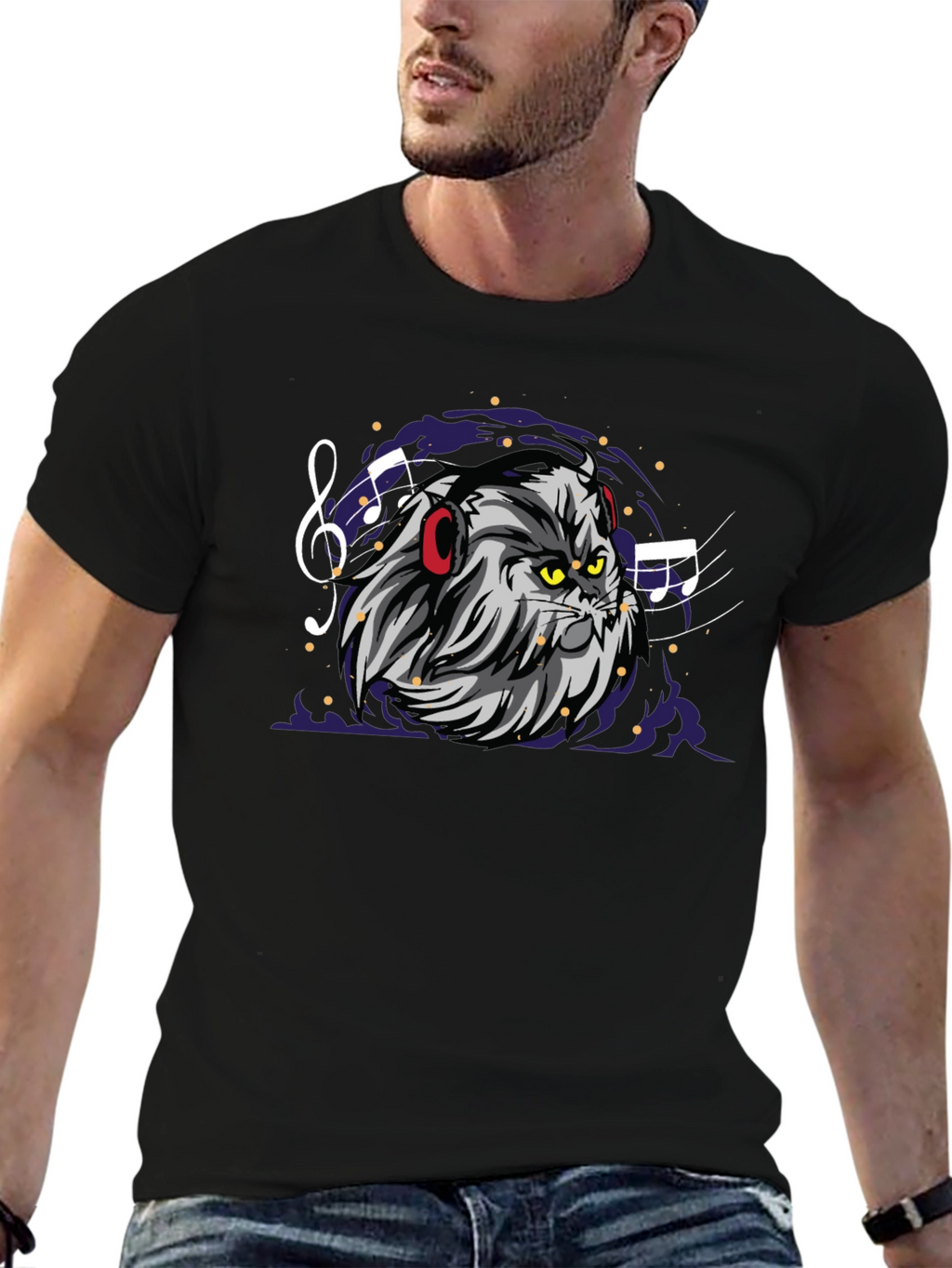 Cat DJ Graphic Tee - Mens Black Cotton T-Shirt
