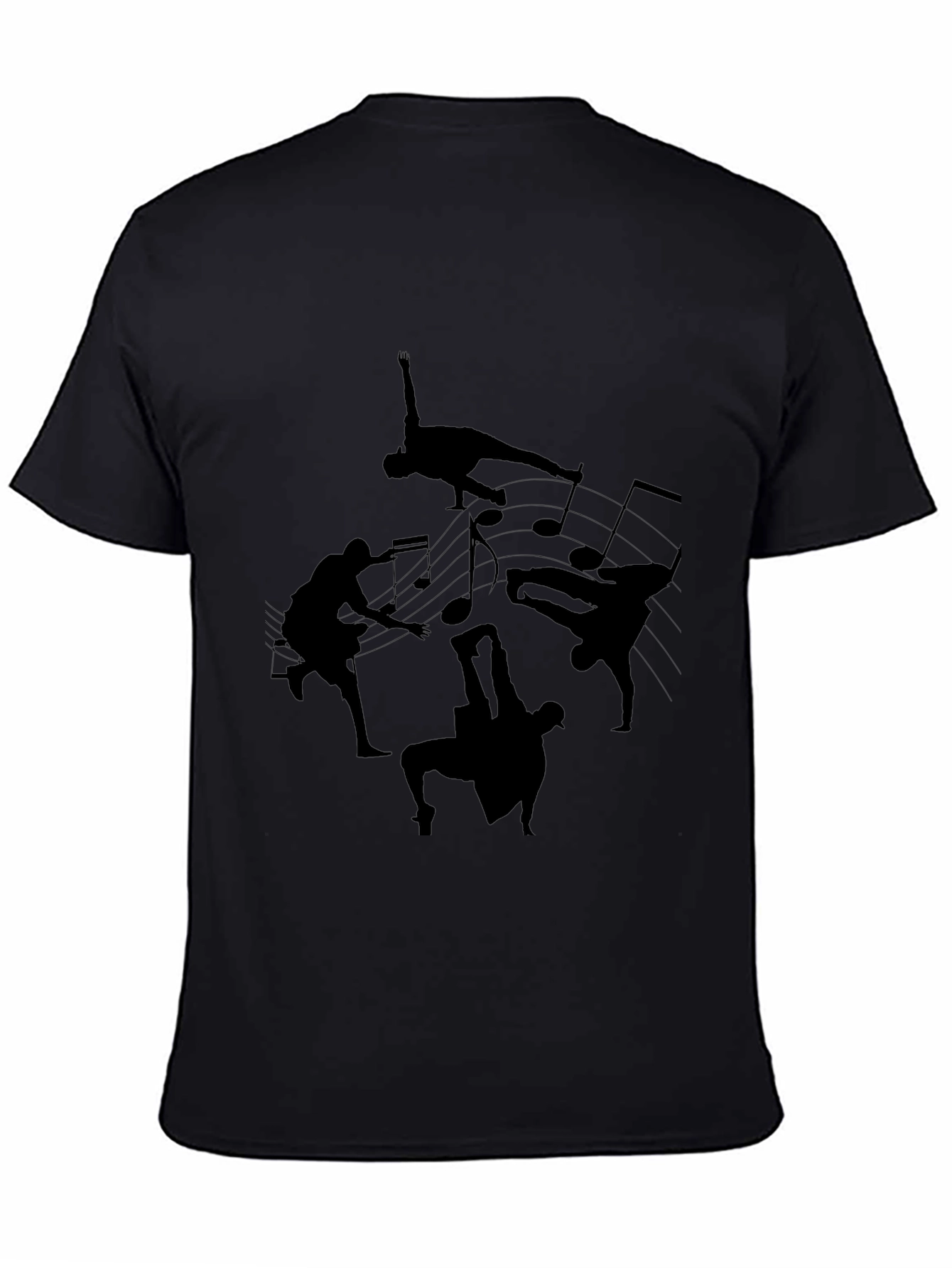 Black T-Shirt with Dance Silhouettes & Music Notes Design